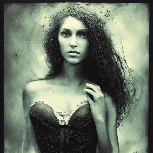 Prompt: old full frame wetplate daguerreotype portrait of a beautiful woman, 3 0 years old, fractal, intricate, elegant, highly detailed, parallax, leica, subsurface scattering, by luis royo and greg rutkowski
