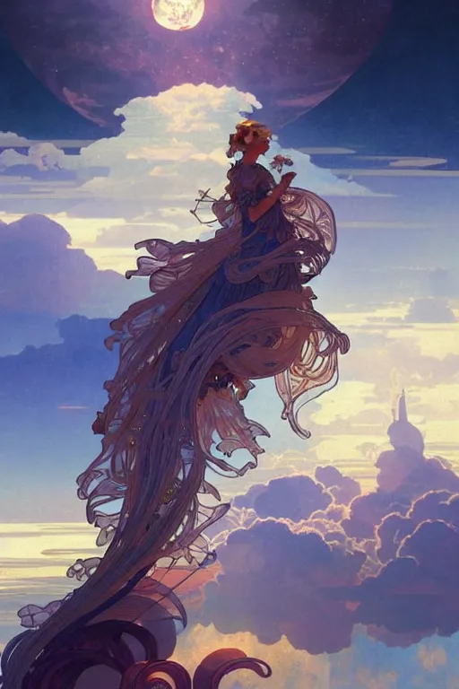 Prompt: a huge ship in the clouds high in the sky moonlight, ssci - fi and fantasy, intricate and very beautiful and elegant, highly detailed, digital painting, artstation, concept art, smooth and sharp focus, ( ( illustration, art by tian zi and wlop and alphonse mucha ) )