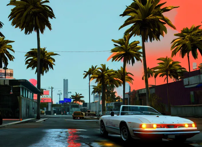 Image similar to still next - gen ps 5 game grand theft auto 6 2 0 2 4 remaster, graphics mods, rain, red sunset, people, rtx reflections, gta vi, miami, palms and miami buildings, photorealistic screenshot, unreal engine, 4 k, 5 0 mm bokeh, close - up 9 f cabrio!, gta vice city remastered, artstation