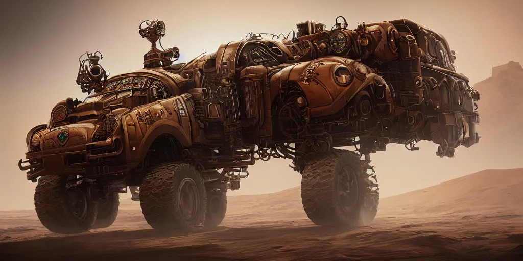 Image similar to steampunk cybertruck running on mars 3 d concept art, dust around, cyberpunk, cinematic lighting, intricate details, octane rendering, trending on artstation, featured on behance