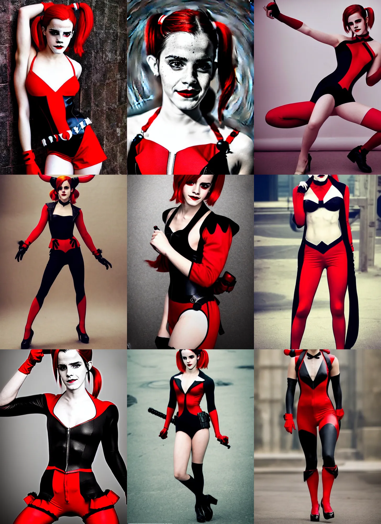 Prompt: attractive Emma Watson cosplaying as classic Harley Quinn!!! in her signature red and black plugsuit , photorealistic perfect body , hourglass! slim figure , full body zenkai classic Harley suit , solo photoshoot , DSLR , wallpaper , cosplay , full body , cinematic 4K blu-ray , japanese DC live-action movie