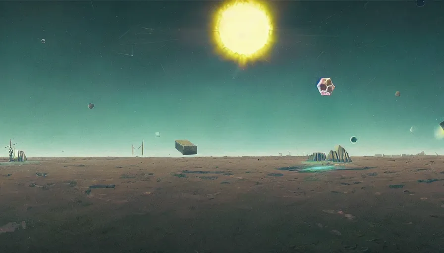 Prompt: hexagonal solar sail floating in space, sun, earth, simon stalenhag