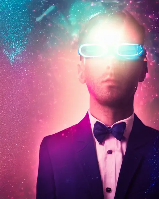 Image similar to dramatic cyberpunk portrait of a man in a suit, crystalline, multicolor glow, atmospheric haze, intense shading, optic ripple, backlit, bokeh, centered