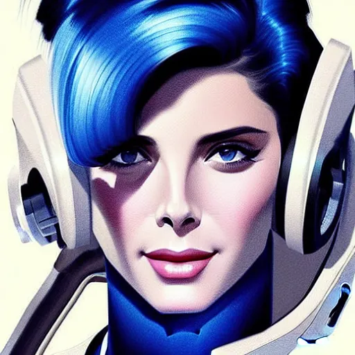 Image similar to Ashley Greene's face combined with Grace Kelly's face with blue hair as a retro-futuristic astronaut, western, D&D, fantasy, intricate, elegant, highly detailed, digital painting, artstation, concept art, matte, sharp focus, illustration, art by Artgerm and Greg Rutkowski and Alphonse Mucha