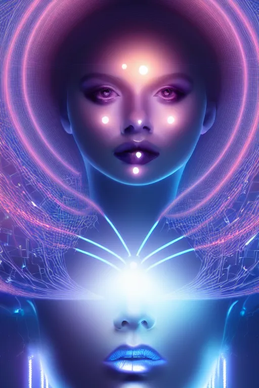 Prompt: portrait of the goddess of artificial intelligence as a holohram of a beautiful girl, in front of a shining orb of data, threads of light in the background, detailed eyes, extremely high quality artwork, very detailed, trending on artstation