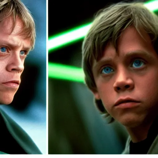 Image similar to A still of Mark Hamill as Jedi Master Luke Skywalker on the right and a young Jedi student on the left, in a Star Wars Sequel, 1990, Directed by Steven Spielberg, 35mm