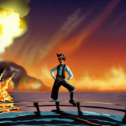 Image similar to a cool looking pirate, standing on the edge of the ship, big explosion on the background, in the style of tintin