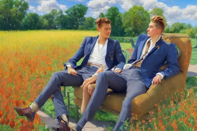 Image similar to 2 attractive men sitting on a coach in flower field, blue sky with clouds, painting by vladimir volegov, j. c. leyendecker, tom of finland, trending on artstation