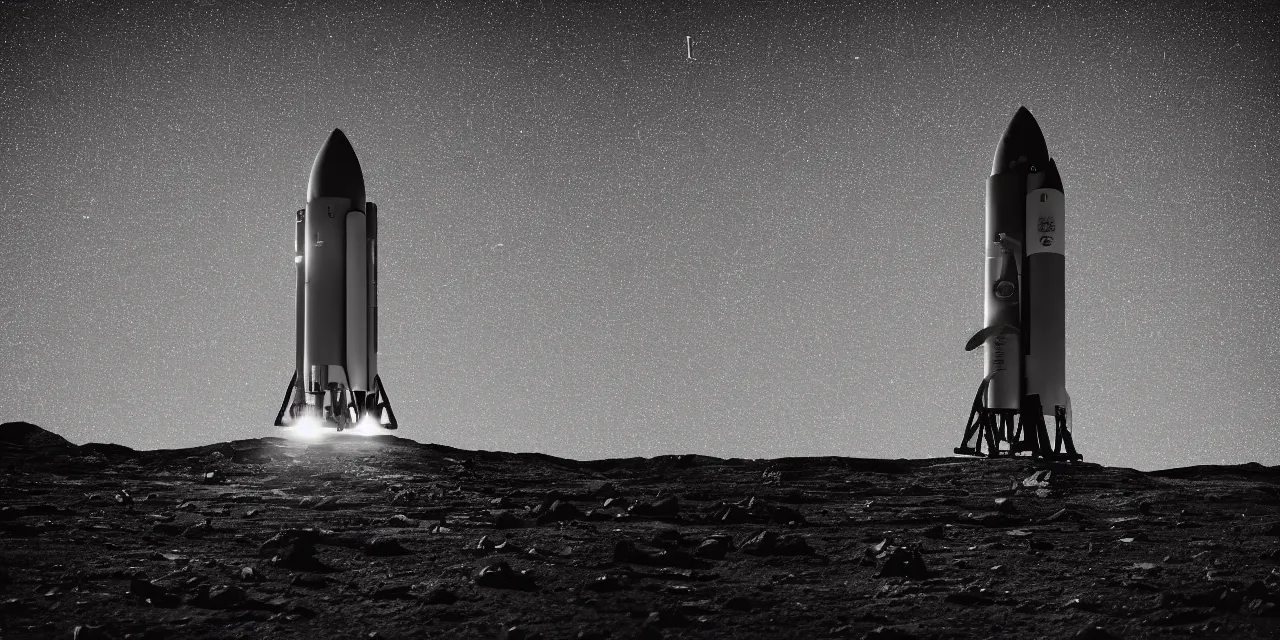 Prompt: black and white photo of a detailed rocket landing on bright mars, black background with glowing stars and satalites, cinematic film still, high contrast, astrophotography, 4 k, polaroid,