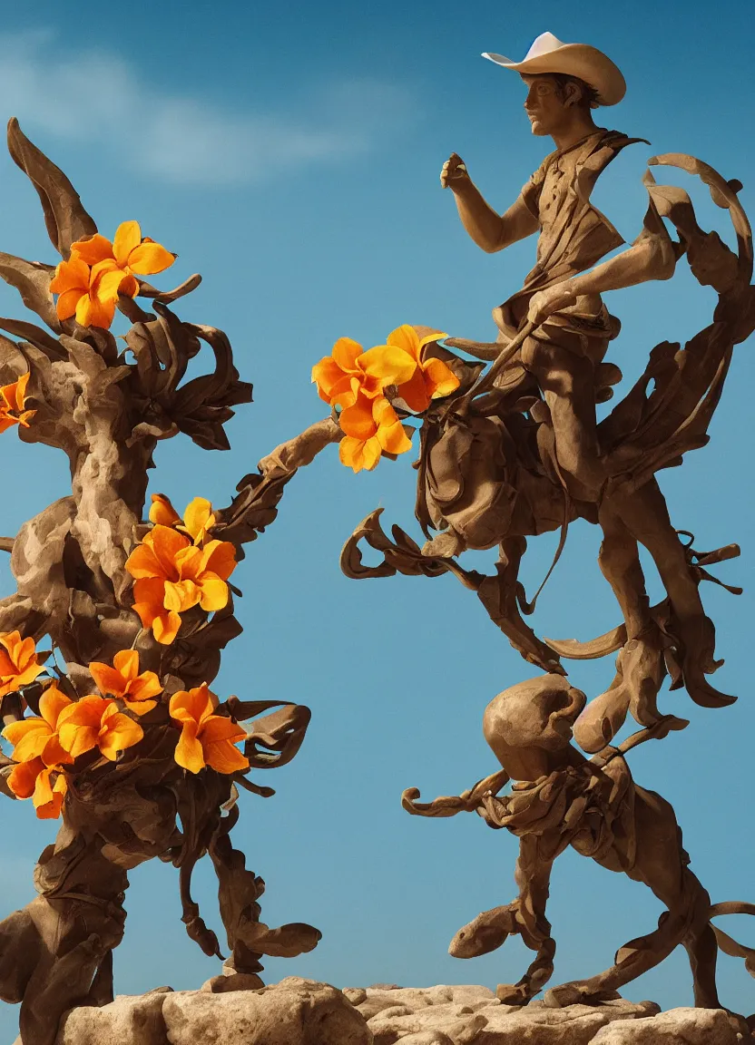 Image similar to a cowboy turning into blooms. tropical sea slugs, tractor tires. complementary colors. national geographic. 8 k, rendered in octane, smooth gradients. sculpture by antonio canova