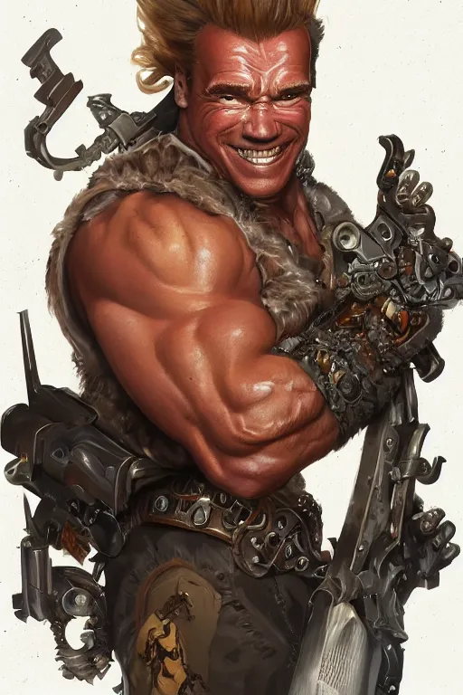 Image similar to portrait of arnold schwarzenegger as junkrat from overwatch, full body, fantasy, intricate, elegant, highly detailed, digital painting, artstation, concept art, sharp focus, illustration, art by artgerm and greg rutkowski and alphonse mucha