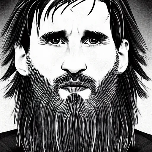 Image similar to illustration, Close-up portrait of Lionel Messi, long silver hair with a long beard, big nose, wearing a barca cape, katsuhiro tomo