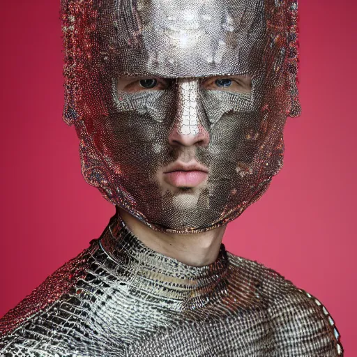 Prompt: a portrait of a beautiful young male wearing an alexander mcqueen armor made of holographic lace , photographed by andrew thomas huang, artistic