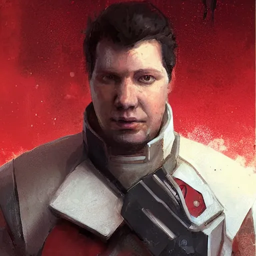 Image similar to portrait of a man by greg rutkowski, he looks like greg grunberg, tall and burly, star wars expanded universe, he is about 3 0 years old, wearing red and white starfighter pilot uniform from the galactic triunvirate.