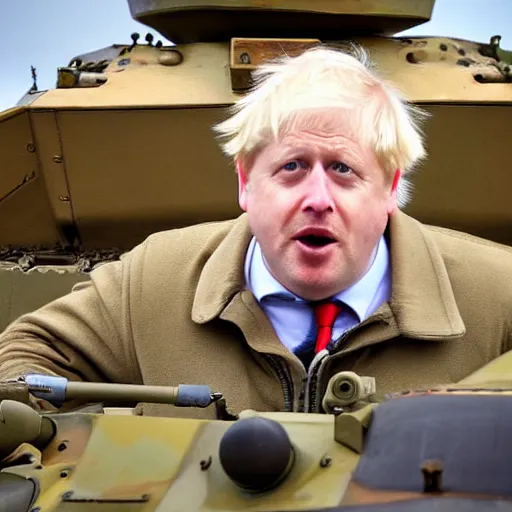 Image similar to Medium shot photograph of Boris Johnson inside a tiger tank, 4k, ultra HD