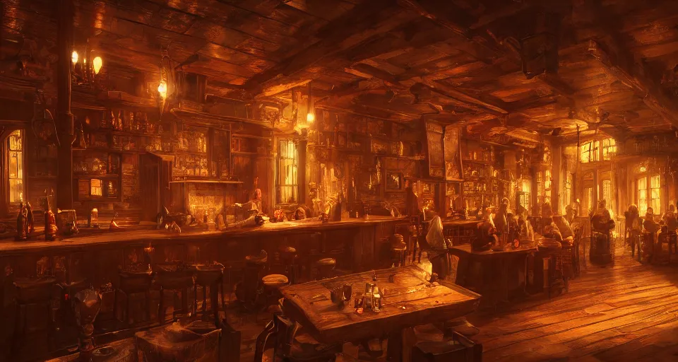 Prompt: alchemy tavern, hyperdetailed, artstation, cgsociety, golden hour 8 k, volumetric lighting, could tones