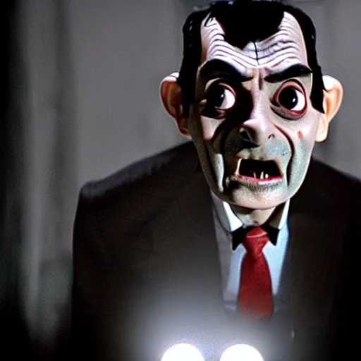 Image similar to mr. bean as frankensteins monster. movie still. cinematic lighting.