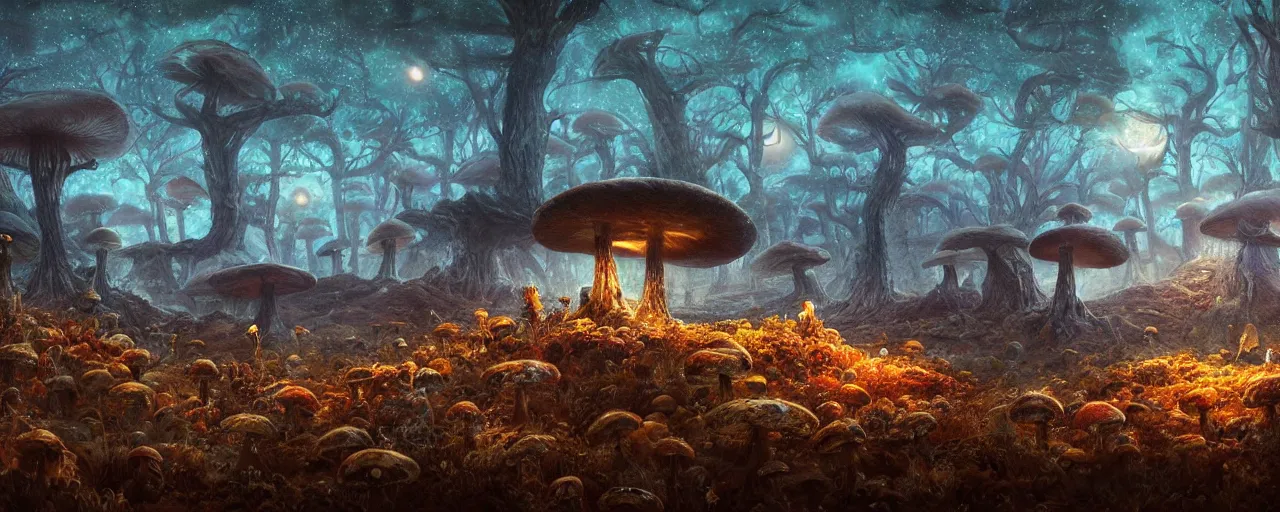 Prompt: ” barren landscape with mushrooms at night, [ cosmic, cinematic, detailed, epic, widescreen, opening, establishing, mattepainting, photorealistic, realistic textures, octane render, art by slop and paul lehr ] ”