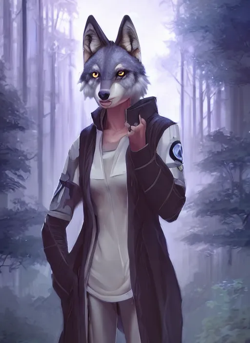 Image similar to commission of a beautiful portrait of a female anthro wolf fursona wearing jedi robes in a forested cyberpunk city. character design by charlie bowater, ross tran, artgerm, and makoto shinkai, detailed, soft lighting, rendered in octane