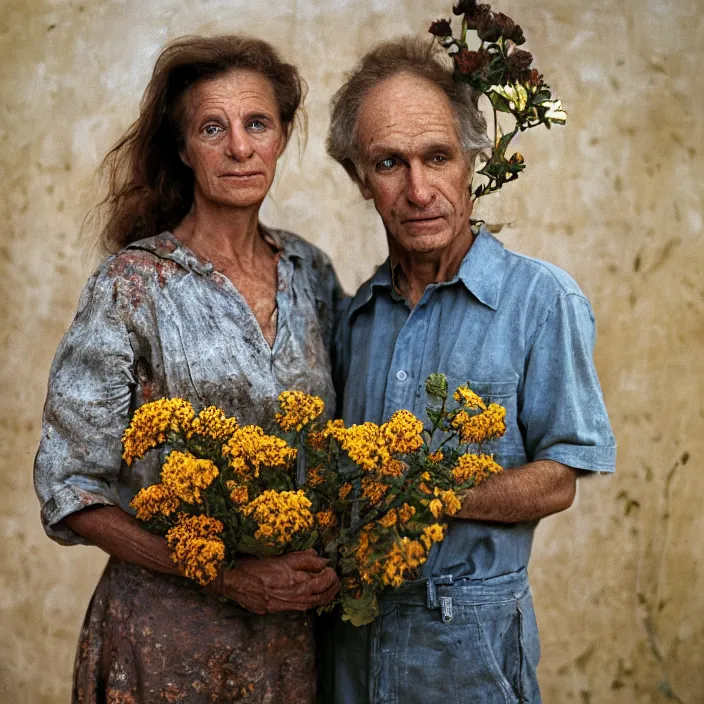 Prompt: closeup portrait of a couple holding flowers, standing in a desolate abandoned house, by Annie Leibovitz and Steve McCurry, natural light, detailed face, CANON Eos C300, ƒ1.8, 35mm, 8K, medium-format print