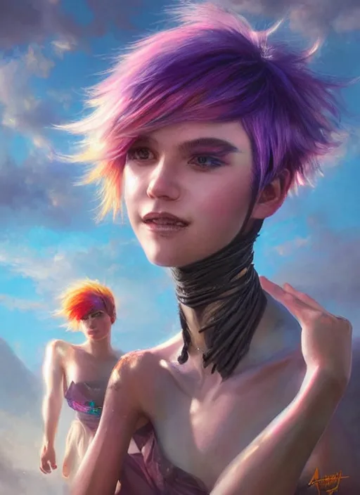 Prompt: girl with rainbow hair, pixie haircut, beautiful highly detailed face, complementary lighting, backlit, black eyeshadow, grinning, adventure, dramatic lighting, landscape background, beautiful painting by artgerm and greg rutkowski and raymond swanland