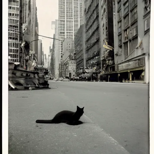 Image similar to wide-shot low-angle cat's eyesight photo of banana at the street in New York, polaroid photo, by Andy Warhol, signed