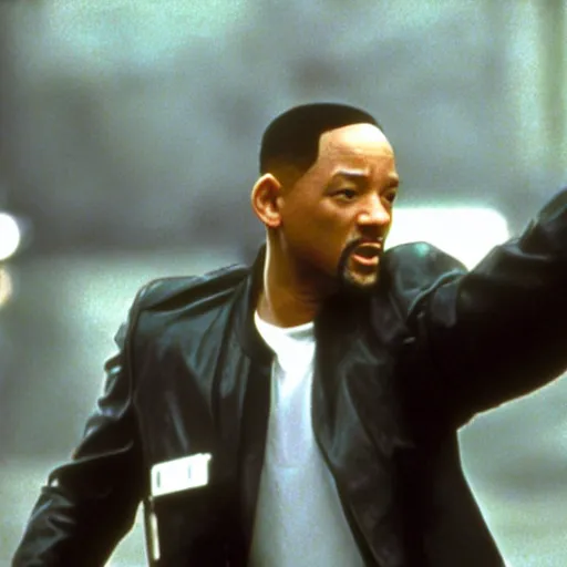 Prompt: film still of Will Smith as Neo in the construct with the gun racks in The Matrix 1999