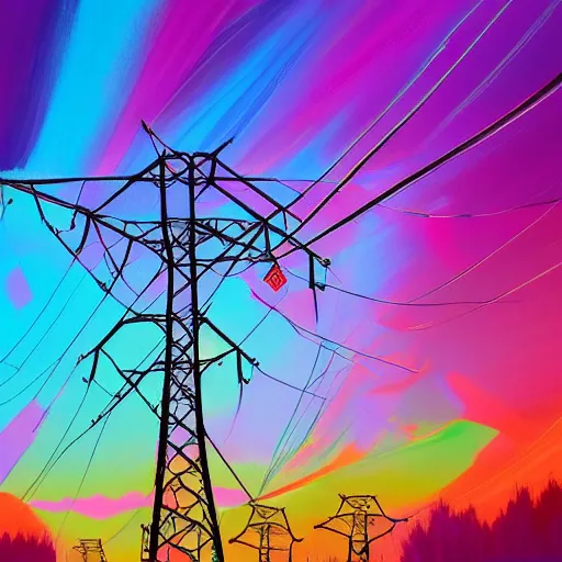 Prompt: beautiful painting of bouncing colorful high voltage power lines, trending on artstation, 4 k, vibrant colors