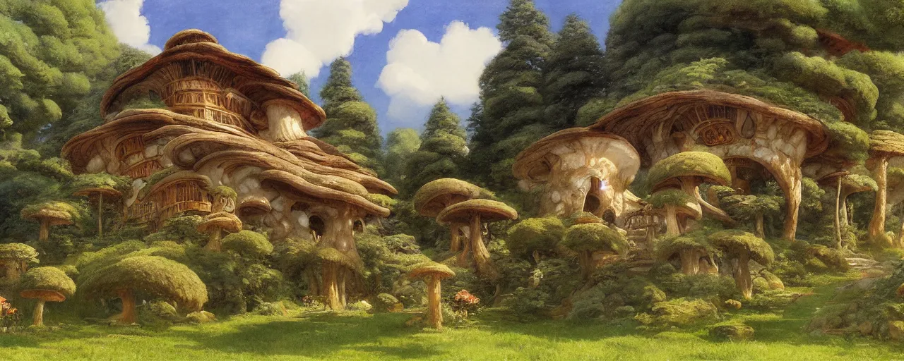 Image similar to ghibli illustrated background of a mushroom shaped house by eugene von guerard, ivan shishkin, john singer sargent, 4 k