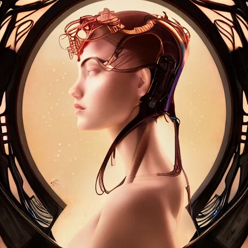 Image similar to front pose, stunning beautiful young girl alluring biomech - cyberpunk model with porcelain skin, rim light, headdress of liquid dark energy, ultra - fine detail, deep space, art nouveau futuristic background, heavily detailed, spherical mesh wire, digital art by artgerm, mucha, loish, wlop, kilian eng, artstation