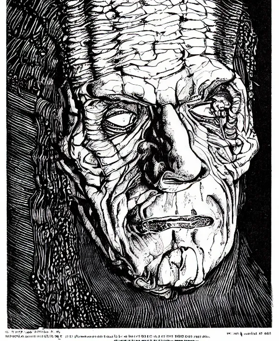 Image similar to frankenstein, art by james o barr and albrecht durer, woodblock print, engraved, black and white, vector, vector art