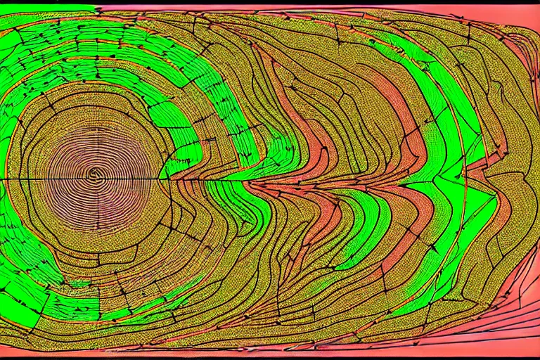 Image similar to topographical map of a complex cave system made out of multiple overlays of complex scientific data visualized on top of each other, bar charts, plexus, thick squares and large arrows, waveforms on top of square charts, gaps and pauses, space molecules, radio signals, negative space