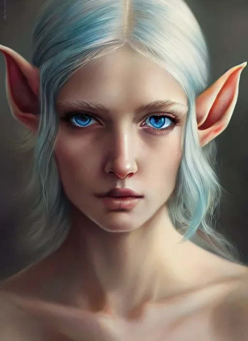 Prompt: a beautiful portrait, gorgeous perfect sexy fantasy elf. professionally retouched, soft lighting, hyper realistic, gorgeous smooth face, perfect beautiful blue eyes, beautiful long white hair, small cute pointy ears, wide angle, sharp focus on the eyes, 8 k high definition, insanely detailed, intricate, elegant, art by artgerm and wlop