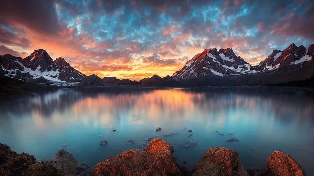 Image similar to amazing landscape photo of mountains with lake in sunset by marc adamus, beautiful dramatic lighting