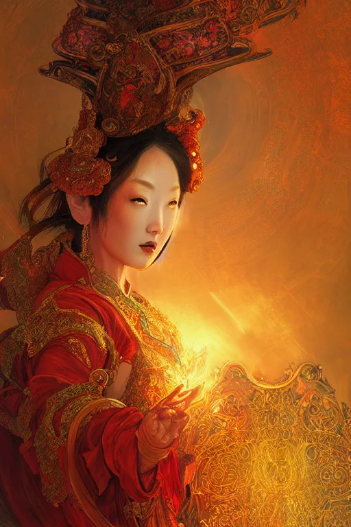 Image similar to tarot card artstation, portrait of an asian love dancer, sunrise, baroque ornamnet and rococo ornament, ancient chinese ornate, hyperdetailed, beautiful lighting, craig mullins, mucha, klimt, yoshitaka amano, red and gold and orange color palatte