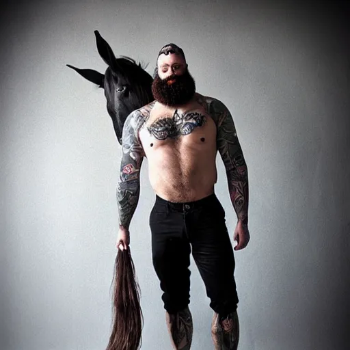 Prompt: bearded bodybuilder with tattoos riding a Friesian horse