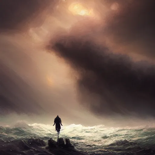 Image similar to concept art, facing the back of a womand standing alone in the middle of a sea storm, thunderstom, rain, medieval, dark concept art, dark skies painting by wlop, nixeu and greg rutkowski, beautiful, semirealism, artstation, octane render, oil painting, sharpness, 8 k, golden ratio