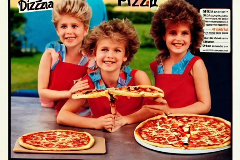 Image similar to pizza!!, 80s, advertisement