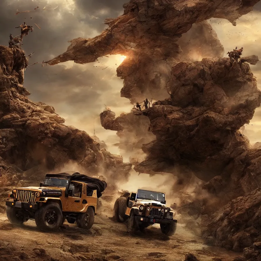 Image similar to Mahindra thar, tribe members attacking, action scene, an epic fantasy, dramatic lighting, cinematic, establishing shot, extremely high detail, photorealistic, cinematic lighting, artstation, by christopher nolan, horizon forbidden west