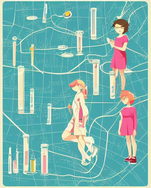 Image similar to a little girl in science lab experiment test tube microscope map. clean cel shaded vector art. minimalist illustration art by lois van baarle, artgerm, helen huang by makoto shinkai and ilya kuvshinov, rossdraws