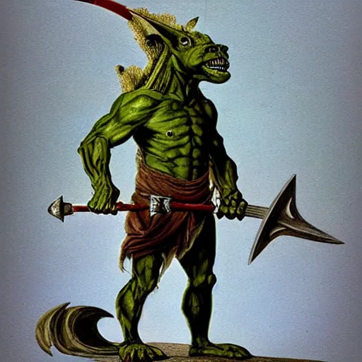 Image similar to dog - faced muscular goblin, ugly face, lizard tail, holding scimitar made of bone, scimitar, sword, jagged sword, curved sword, orkish sword, colorized, green skin, hyper - detailed, primeval fantasy, prehistoric fantasy, art by jacques - louis david