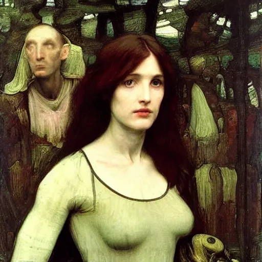 Prompt: portrait of hostile alien visitor, pre-raphaelite painting by john william waterhouse