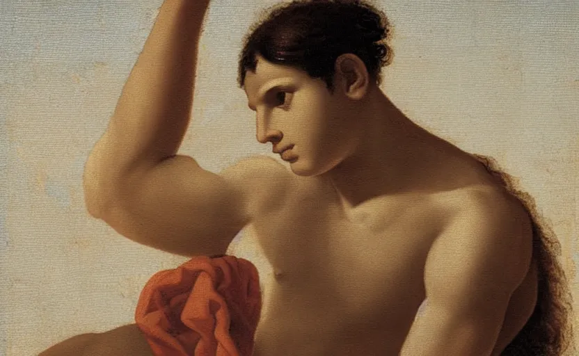 Prompt: hazy silhouette of a young athletic ancient greek male from a baroque painting on a white background