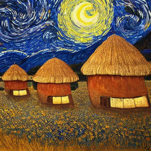 Prompt: Painting by Greg Rudkowski, A large ceramic jar with gold ornaments flies high in the starry night sky above small huts under thatched roofs