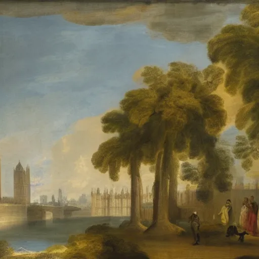 Prompt: Houses of Parliament with palm trees, painted by Joshua Reynolds