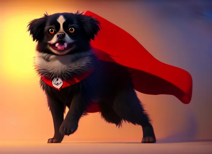 Image similar to a wholesome animation key shot of a black tibetan spaniel, wearing a red cape, flying, studio ghibli, pixar and disney animation, sharp, rendered in unreal engine 5, anime key art by greg rutkowski, bloom, dramatic lighting