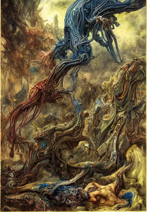 Image similar to colorful muscular eldritch bodies radiating town fractal, by h. r. giger and esao andrews and maria sibylla merian eugene delacroix, gustave dore, thomas moran, pop art, chiaroscuro, biopunk, art nouveau