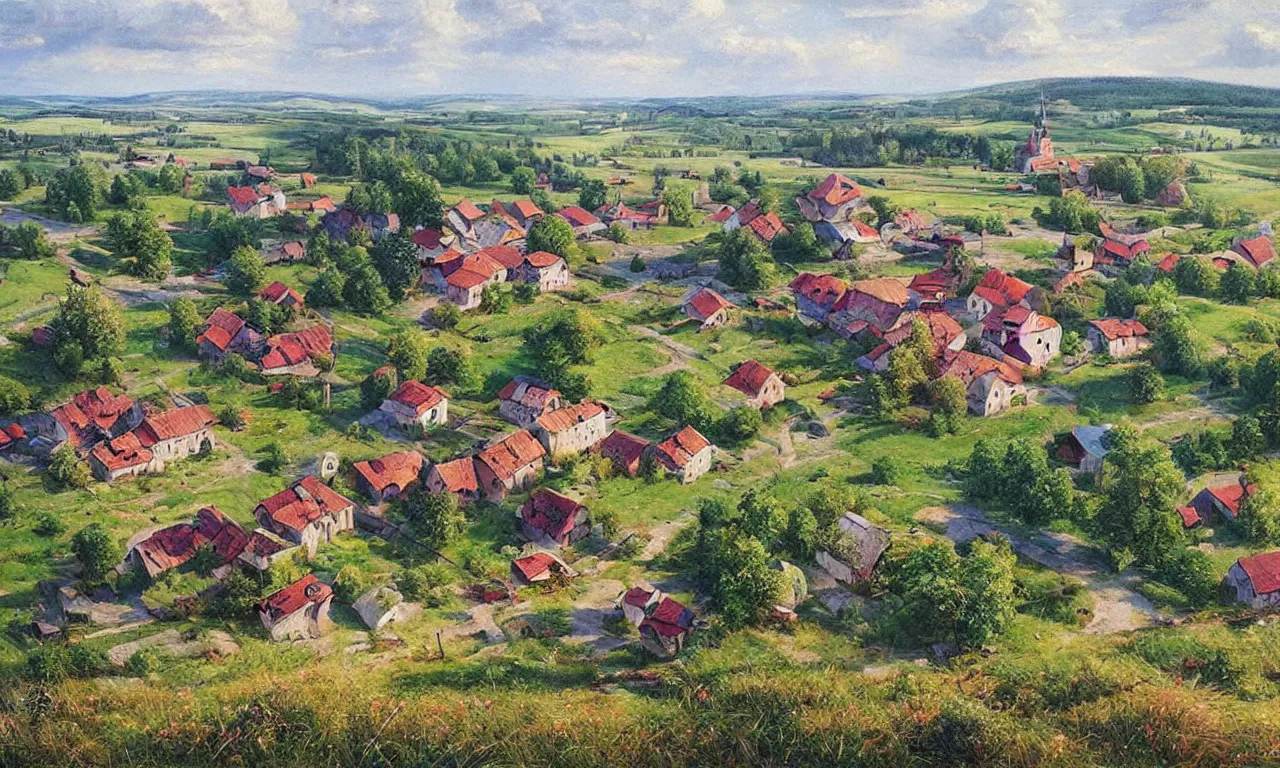 Image similar to a beautiful view of a peaceful village in ukraine. art by denys tsiperko and bogdan rezunenko, hyperrealism