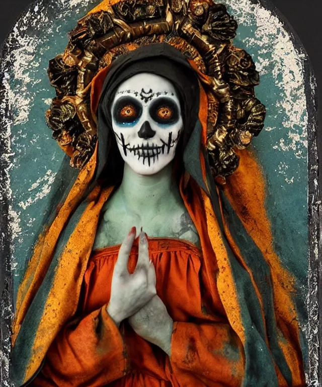 Image similar to tintype virgin mary in dia de muertos dress and make up, horrific beautiful vibe, evocative, atmospheric lighting, painted, intricate, highly detailed,