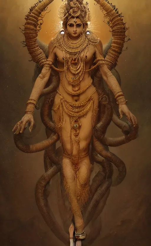 Prompt: an ancient hindu creature made of dust and earth, a mythological being that came from within the earth, a hindu god with many arms, gigantic, incomprehensible and frightening, trending on artstation, volumetric lighting, atmospheric portrait, highly detailed, art by greg rutkowski and alphonse mucha